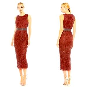 NWT MAC DUGGAL Geometric Beaded Sequin Midi Sheath Dress Brick Red 4 MSRP $400